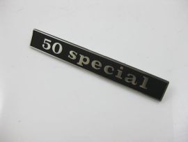 Badge "50 special", black/aluminium, fixation: 2 pins, pin distance: 110mm, 132x17mm, straight Vespa S, V5B1T 38640 -> V5B3T