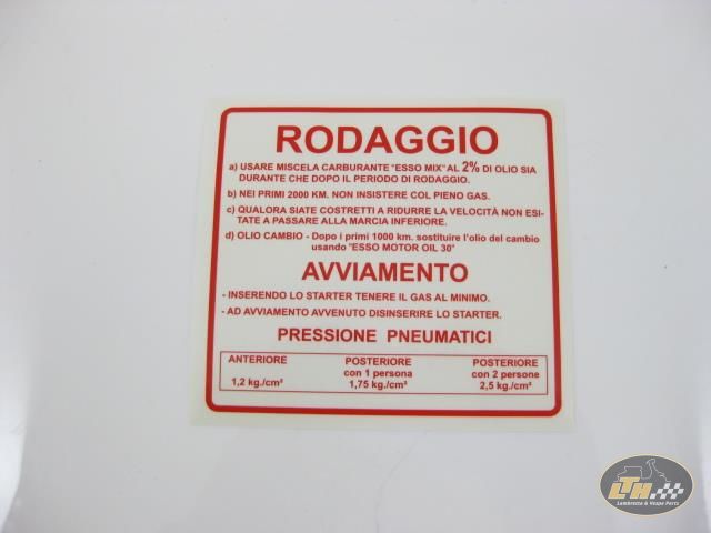 Einfahrvorschrift Rodaggio Aufkleber rot Vespa Rally 180 Rally 200
