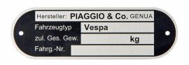 Typenschild "PIAGGIO&CO. Genova",  für Vespa alle dt. Modelle `67 ->/alle ital. Modelle  schwarz, Aluminium geätzt, Befestigung: 2 Nieten,  80x25x0,6 mm