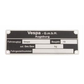 Typenschild "Vespa GmbH Augsburg",  für Vespa alle dt. Modelle `58 -`61  schwarz, Aluminium geätzt, Befestigung: 4 Nieten,  80x30x1,0 mm