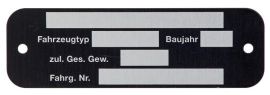 Typenschild "PIAGGIO&CO. Genova",  für Vespa alle dt. Modelle `67 ->/alle ital. Modelle  schwarz, Aluminium geätzt, Befestigung: 2 Nieten,  80x25x0,6 mm,  mit Baujahr